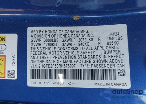 2024 Honda Civic Sport z USA, uszkodzony, nr VIN 2HGFE2F50RH576997